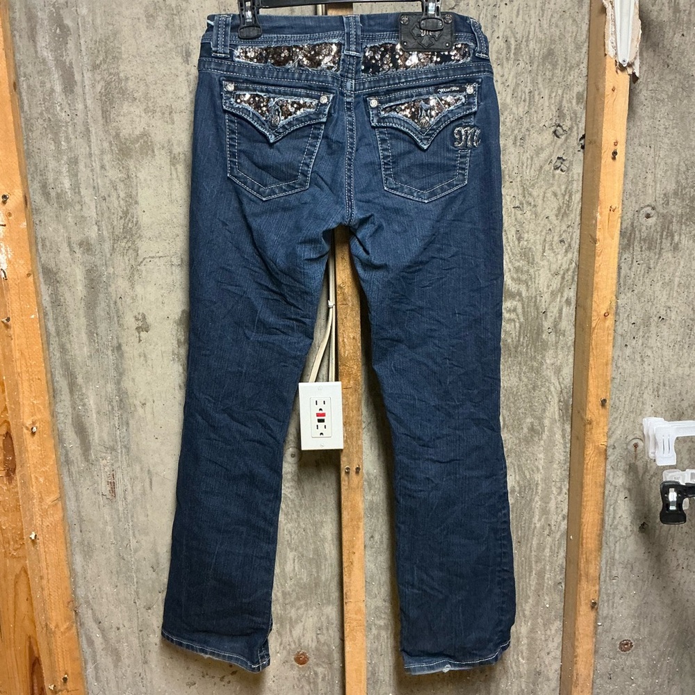 Miss Me Bootcut Blue Sequin Embellished Denim Jeans Embroidered Pockets Women